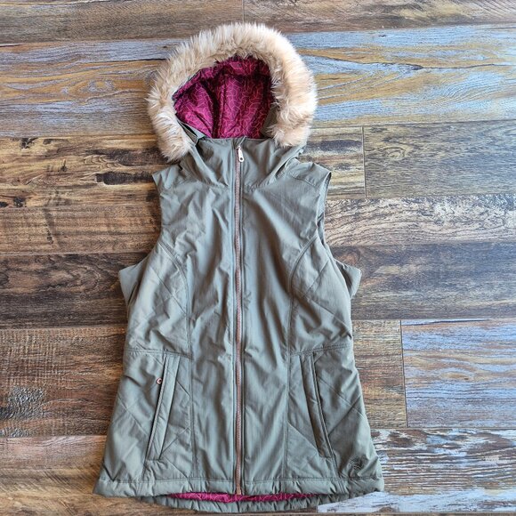 Mountain Hardwear Potrero Insulated Hooded Vest Removable Faux-Fur Zip-Up Green - Picture 5 of 14